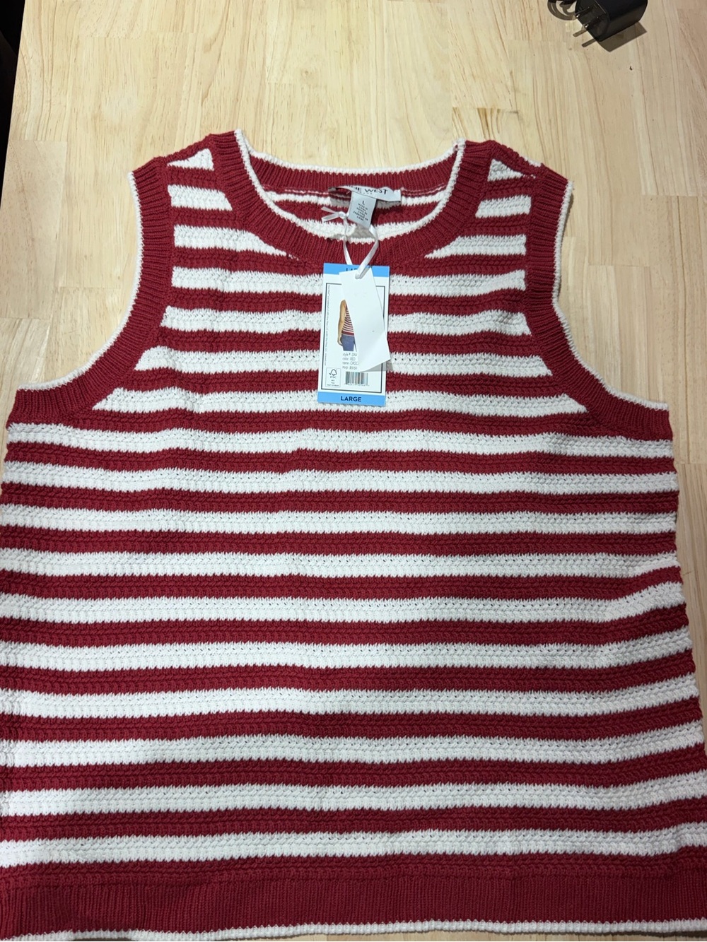 NWT Nine West Jeans Crochet Tank Top Red White Stripe Size Large